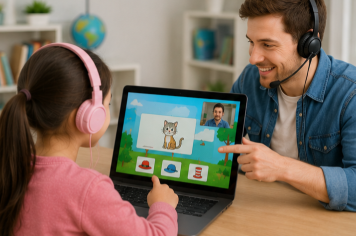 Online English teacher guiding a young learner through interactive digital lesson activities in a virtual classroom. Online English teacher guiding a young learner through interactive digital lesson activities in a virtual classroom.
