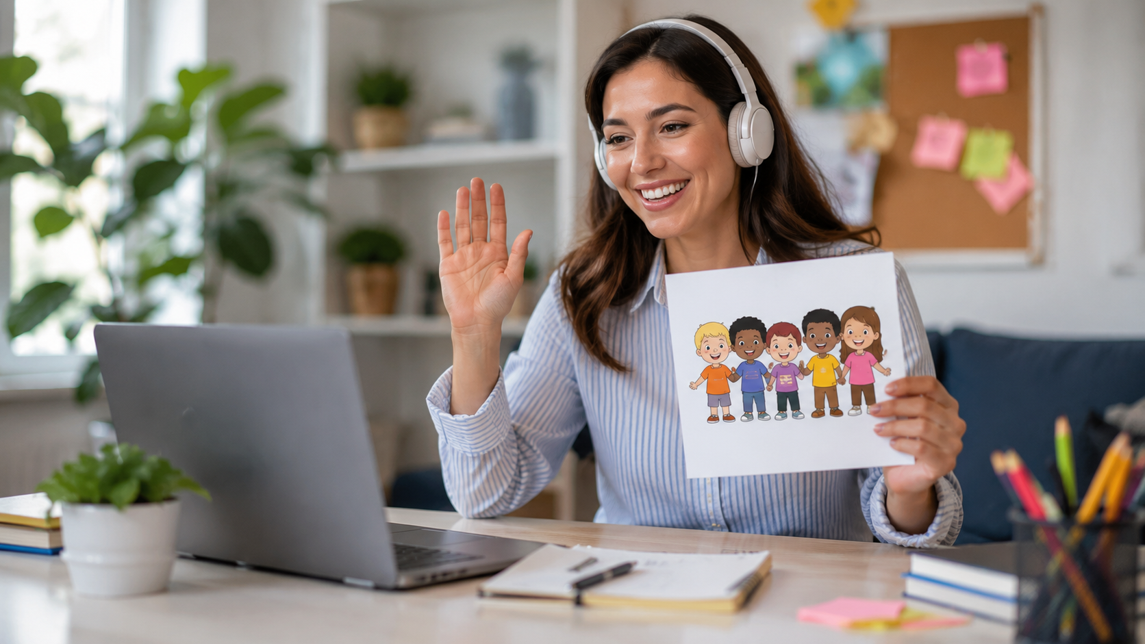 Friendly online ESL teacher teaching a live English lesson from a modern home office using interactive digital teaching resources.