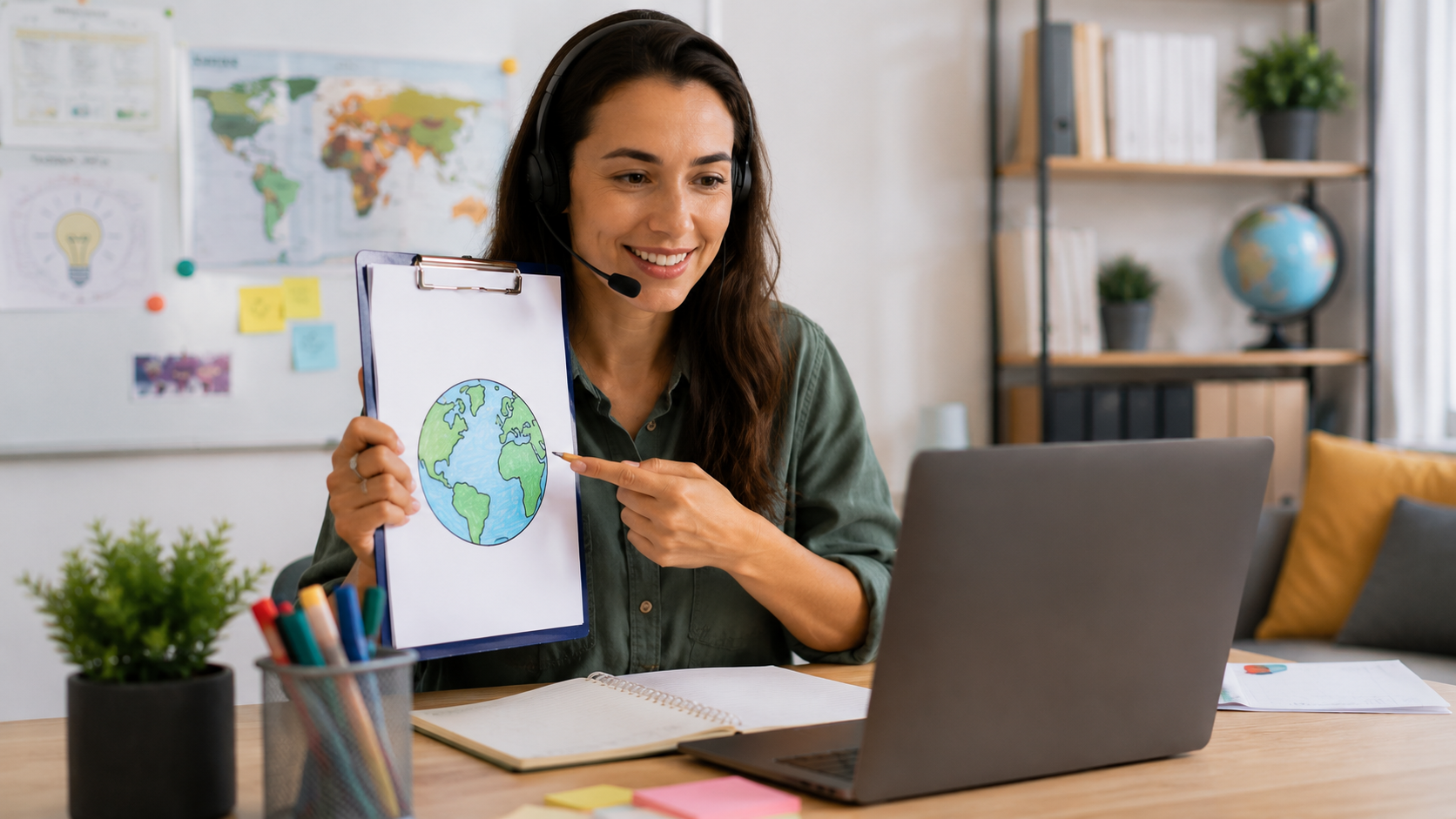 Smiling online English teacher welcoming students to a virtual ESL lesson using professional digital teaching materials in a home classroom.