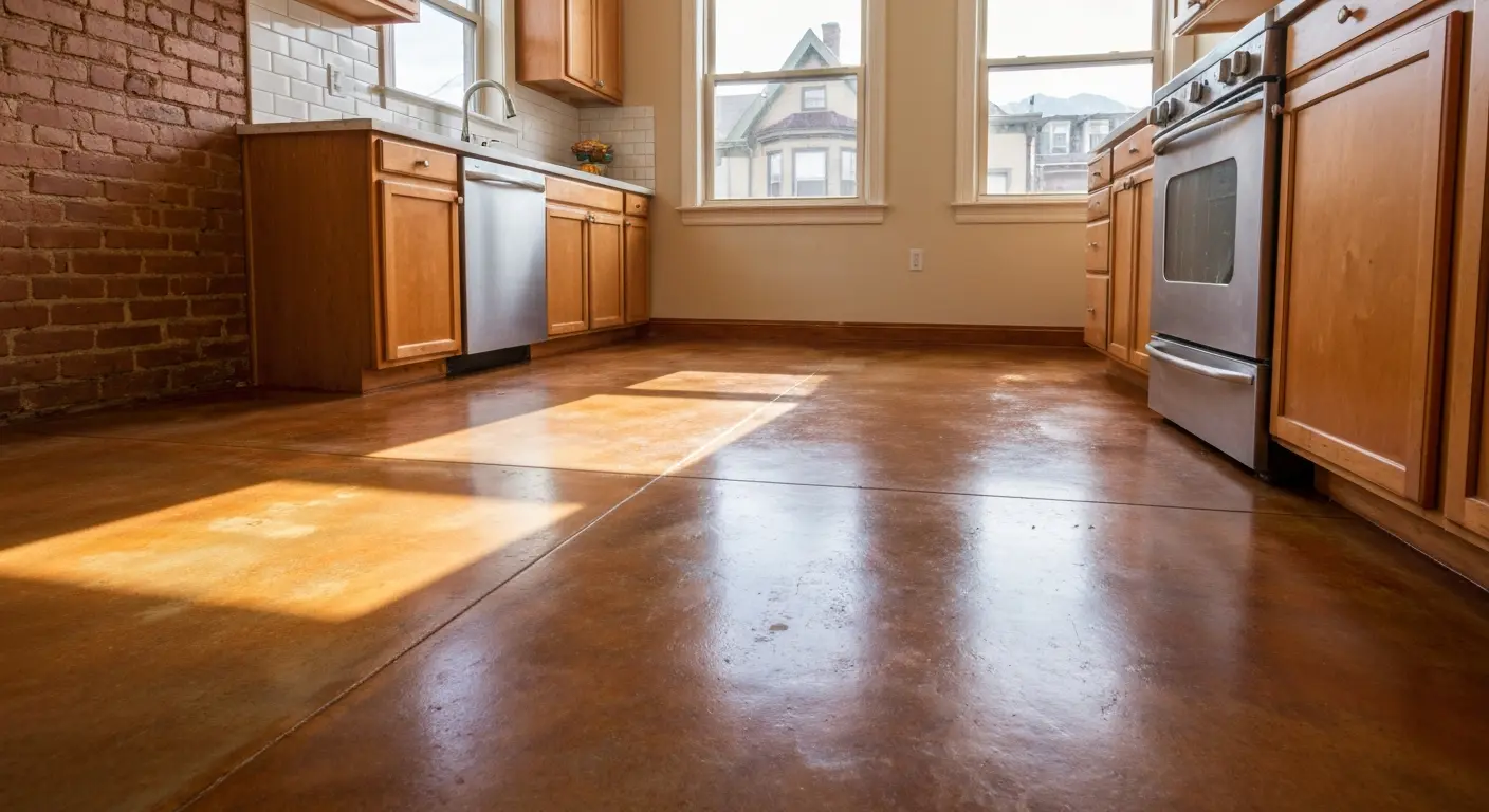 Stained concrete kitchen floor in Denver home