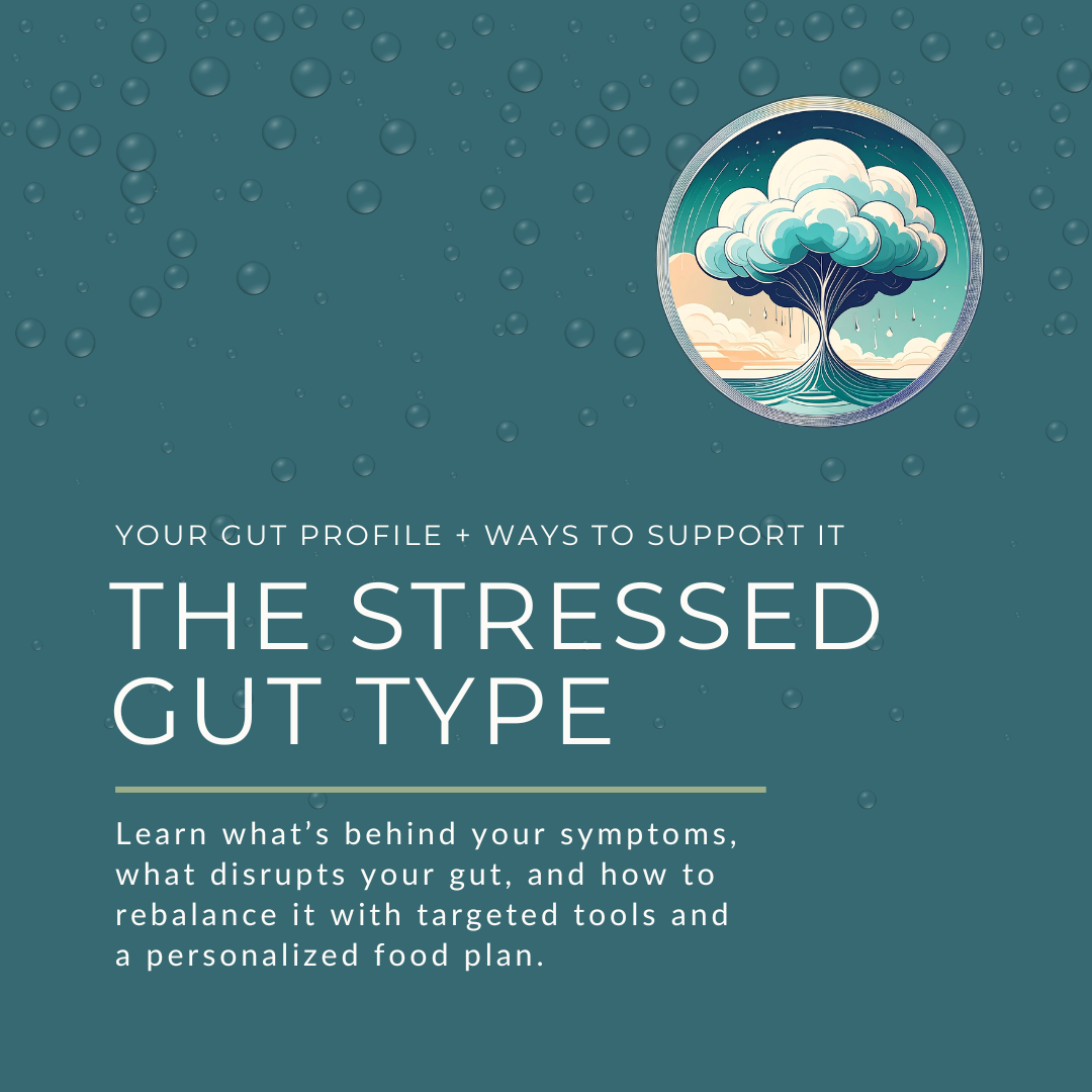 Stressed Gut Type online course cover image with text 'Learn what’s behind your symptoms, gut disruptors, and how to rebalance with targeted tools and personalized plan.'