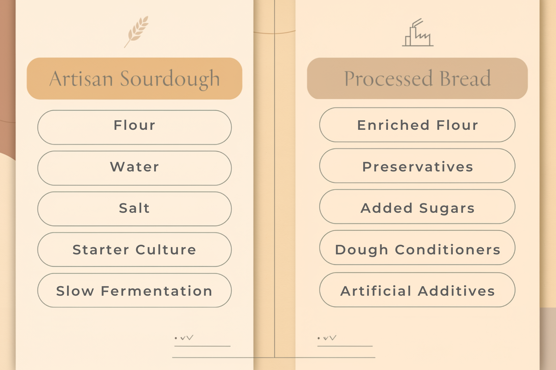 Infographic comparing artisan sourdough and processed bread, showing how simple ingredients and slow fermentation differ from highly processed bread made with preservatives and additives.