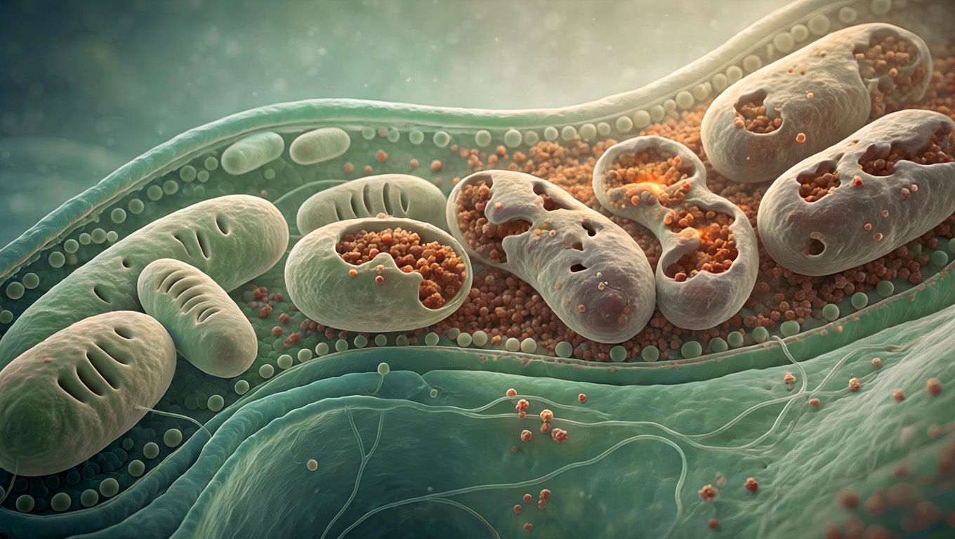 Illustration of cellular structures and mitochondria, showing healthy and damaged mitochondria associated with oxidative stress.