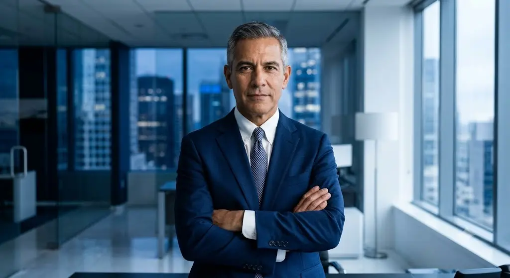 Directivo de alto nivel operando con claridad mental y venciendo la fatiga ejecutiva tras optimizar su absorción celular