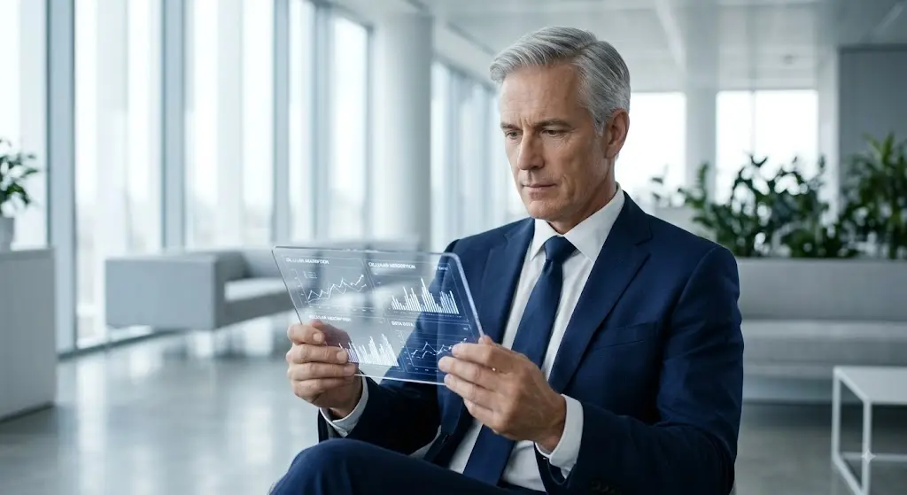 Directivo analizando métricas clínicas y datos de absorción celular de la tecnología NTC en un entorno corporativo de alto rendimiento