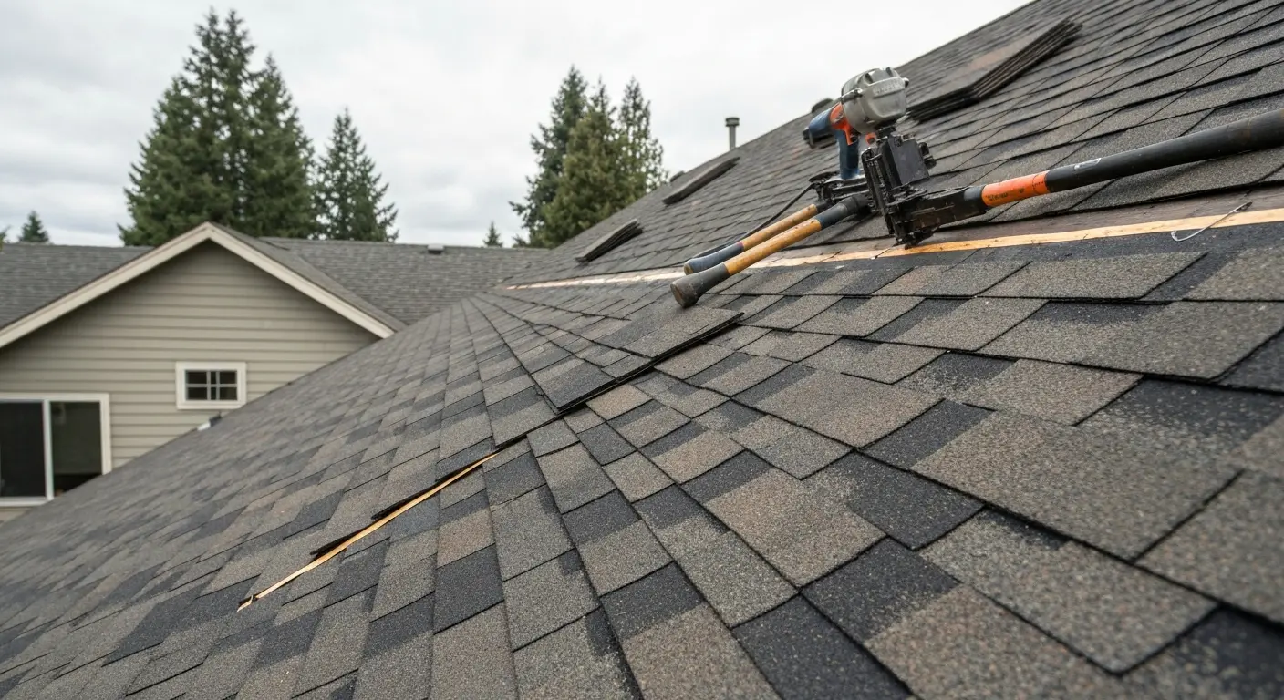 Roof repair work on damaged shingles
