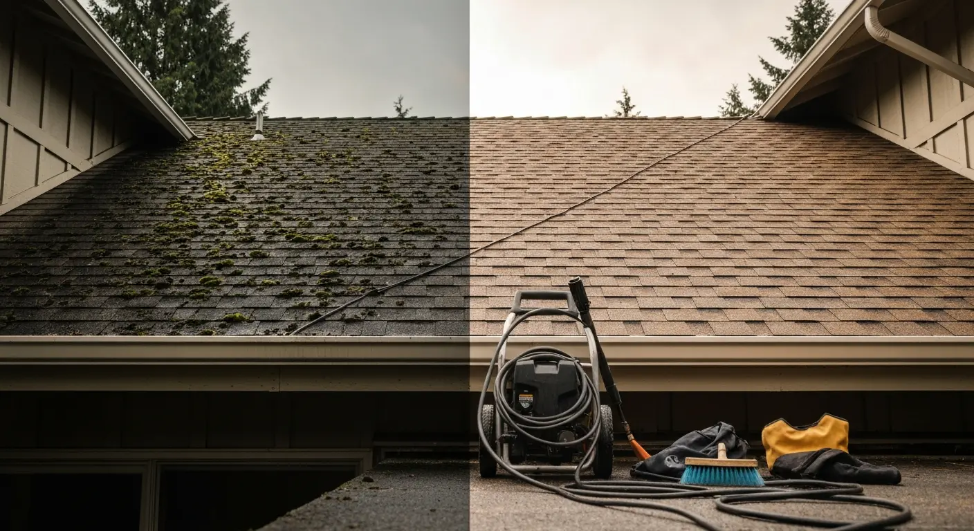 Roof cleaning to remove moss and debris