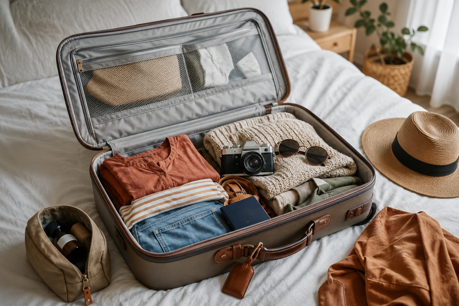 Open suitcase packed with clothes, camera, sunglasses, and travel essentials for a planned vacation