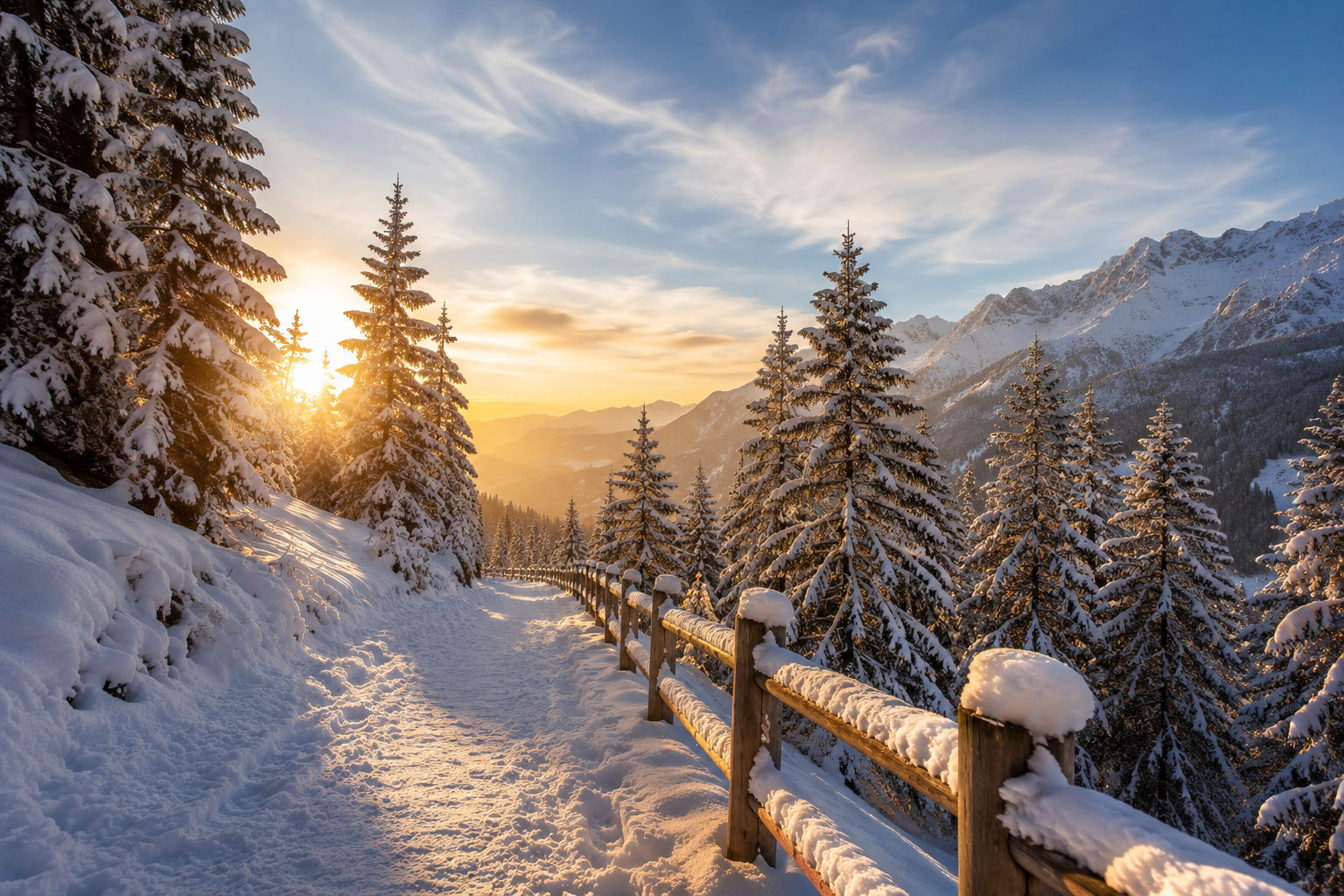 Snowy mountain trail with pine trees and sunrise for seasonal travel advice