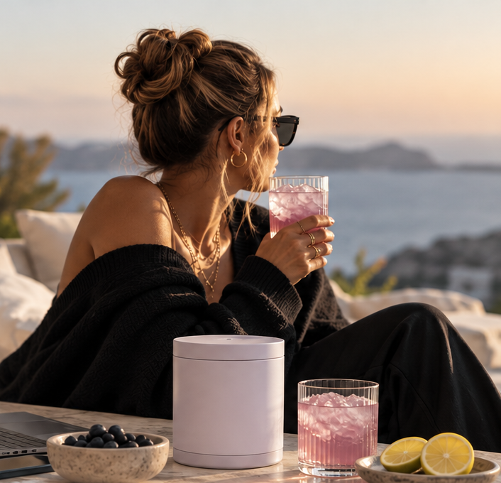 Woman enjoying a wellness drink in a coastal setting