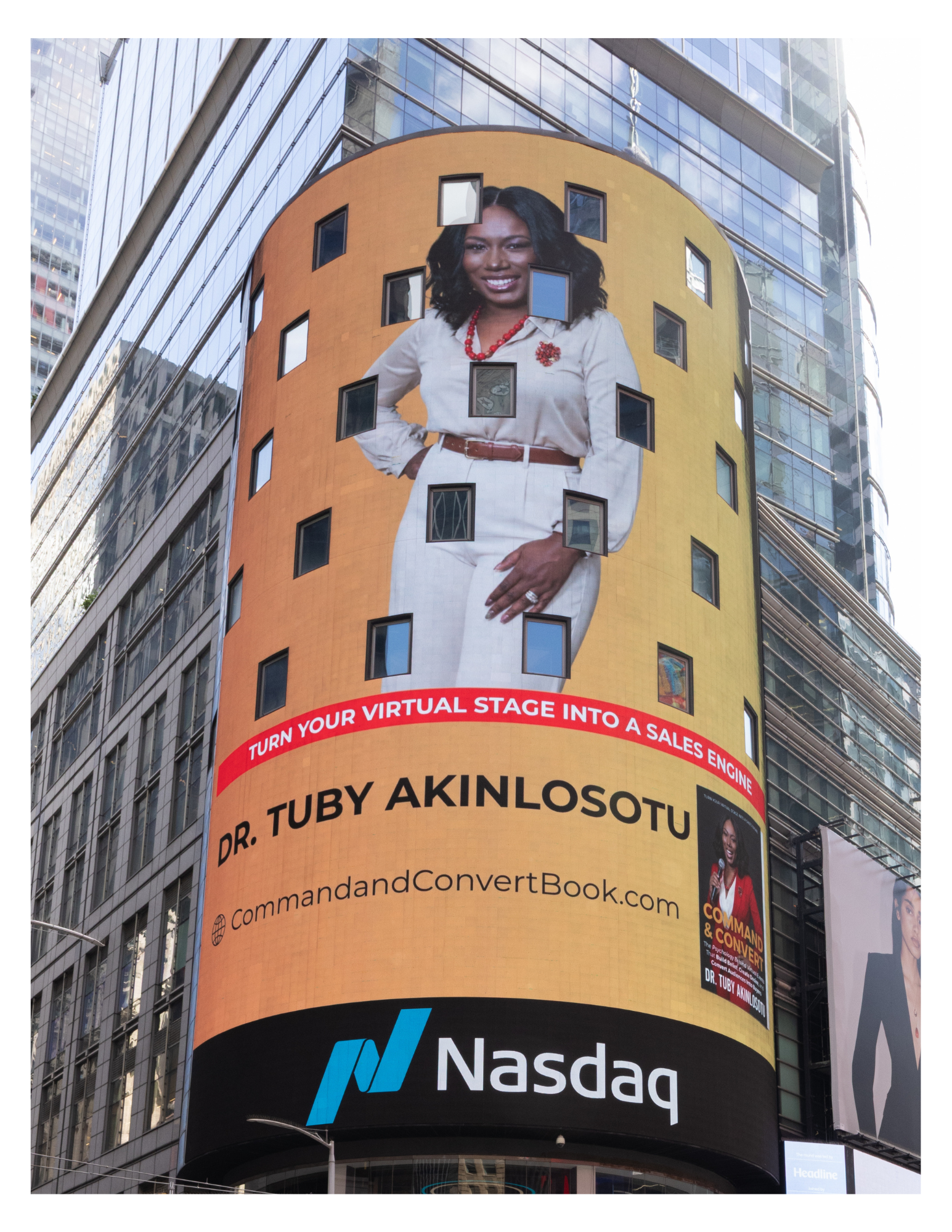 Dr. Tuby Akinlosotu featured on the Nasdaq tower in Times Square for Command & Convert