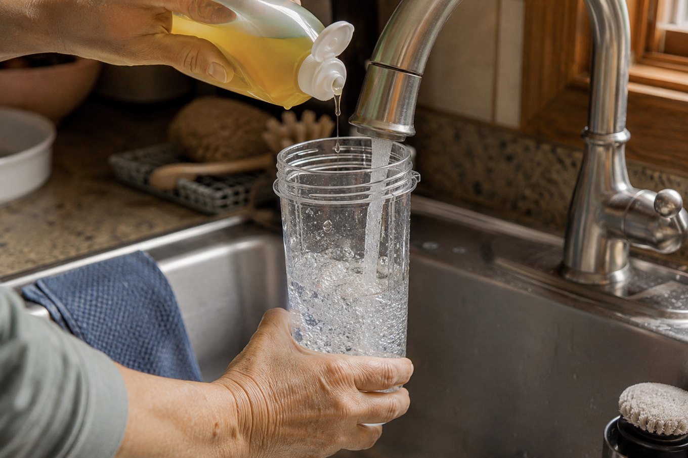Hands rinsing a blender cup under a running tap with a drop of dish soap