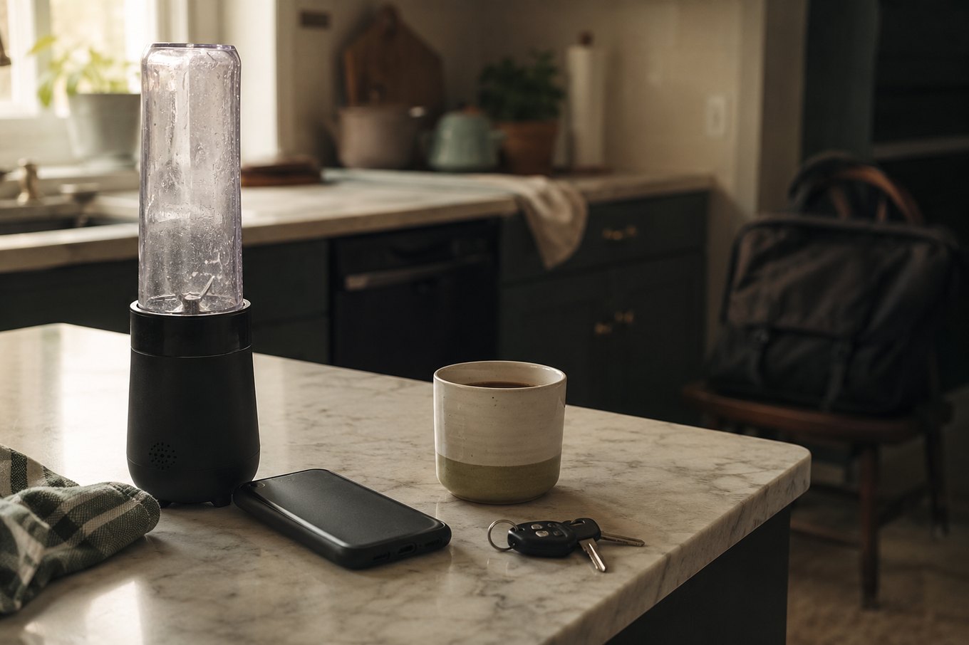 An unused personal blender on a kitchen counter at early morning