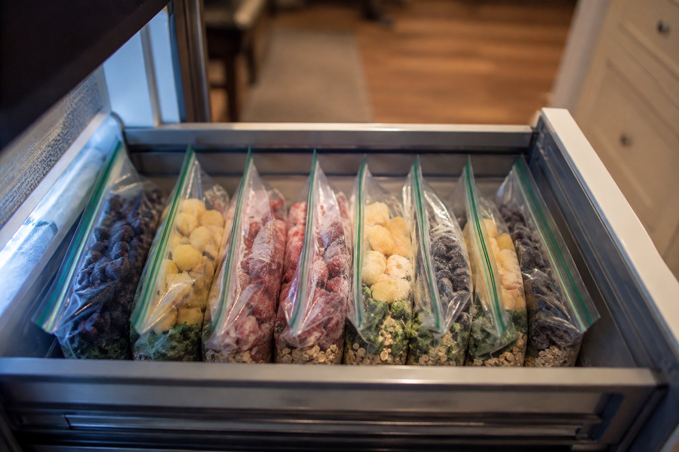 A freezer drawer with a row of prepared smoothie packs