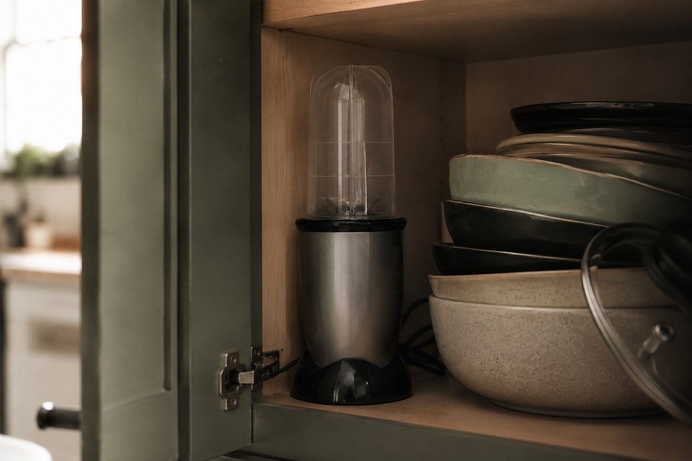 A personal blender pushed to the back of a kitchen cabinet