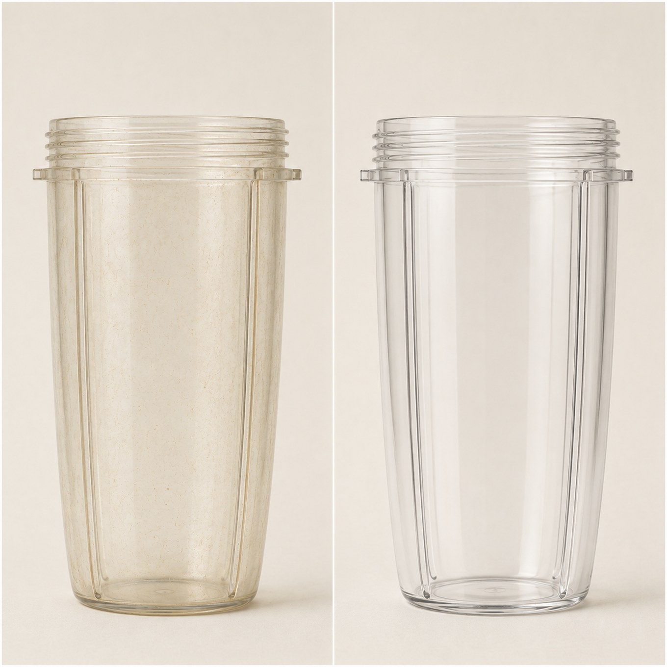 A blender cup before and after the deep clean: cloudy and hazed, then clear