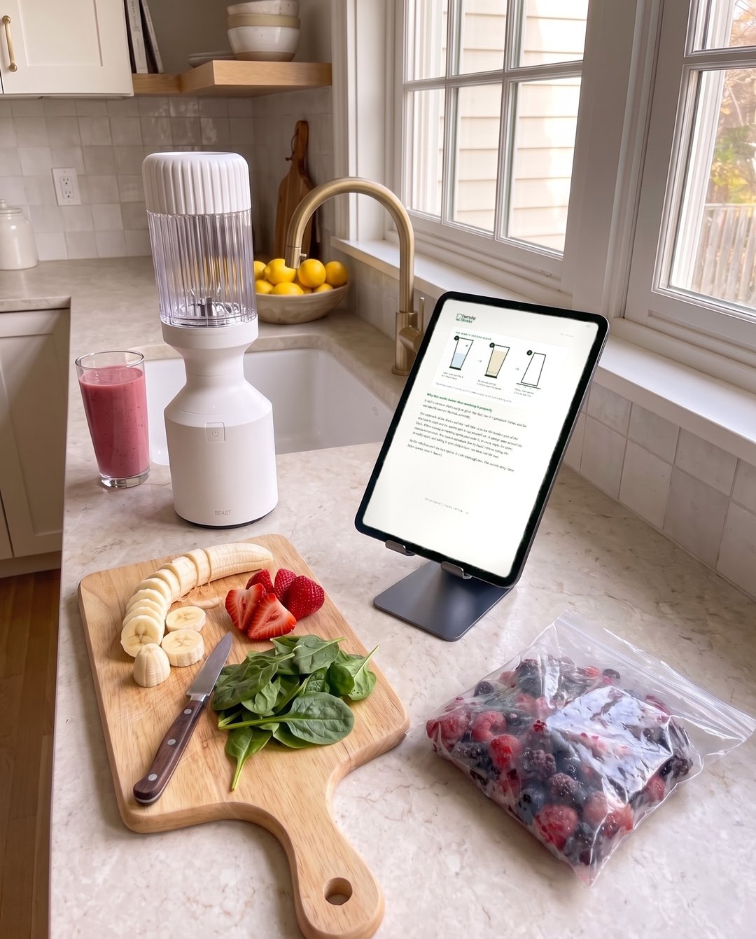 The Blender Owner's System open on a tablet on a kitchen counter at the ninety-second clean page, next to a blender, fruit and a smoothie