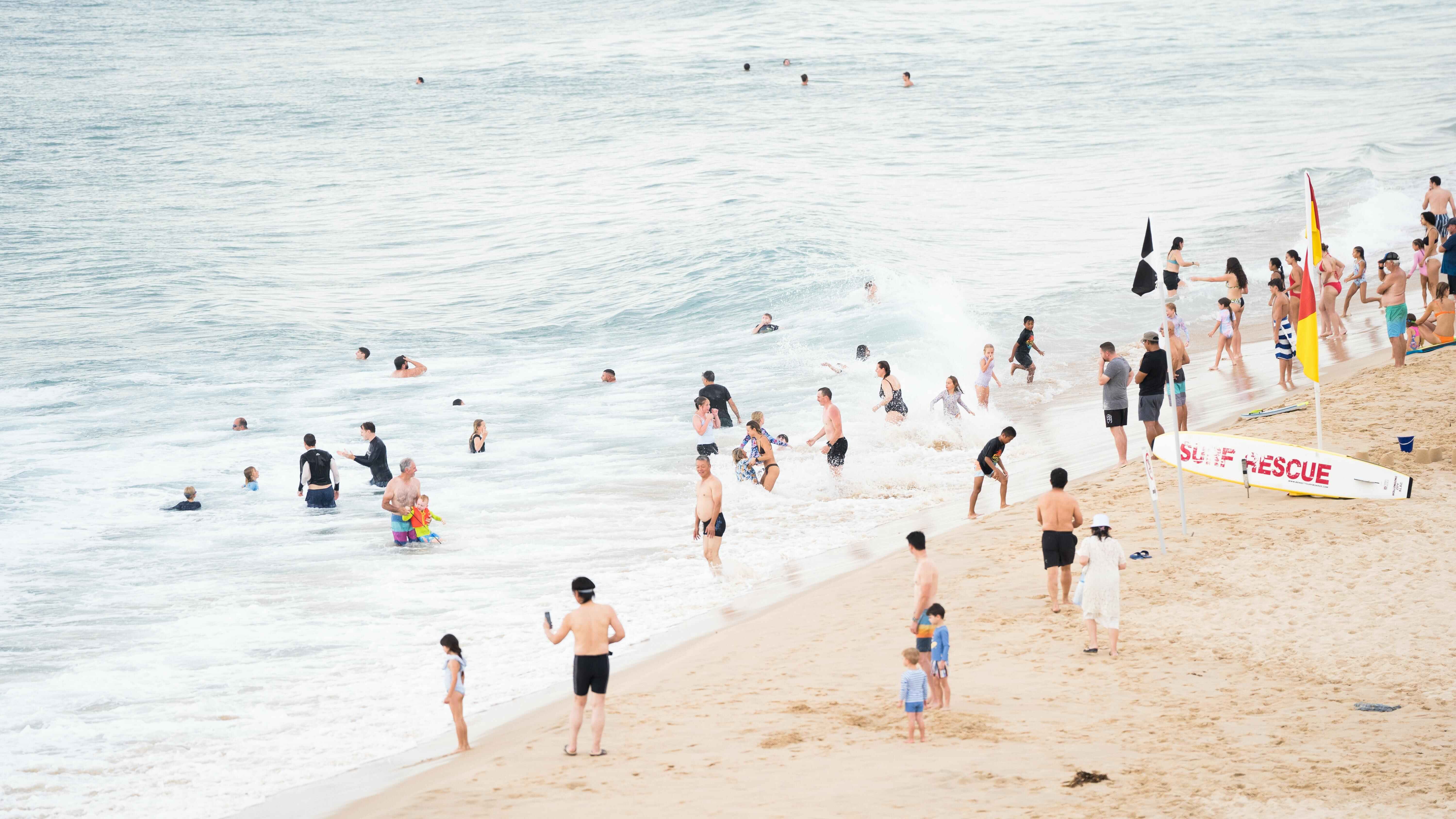Families and beachgoers enjoying the surf at one of the best coastal suburbs in Wollongong's property market in 2026.