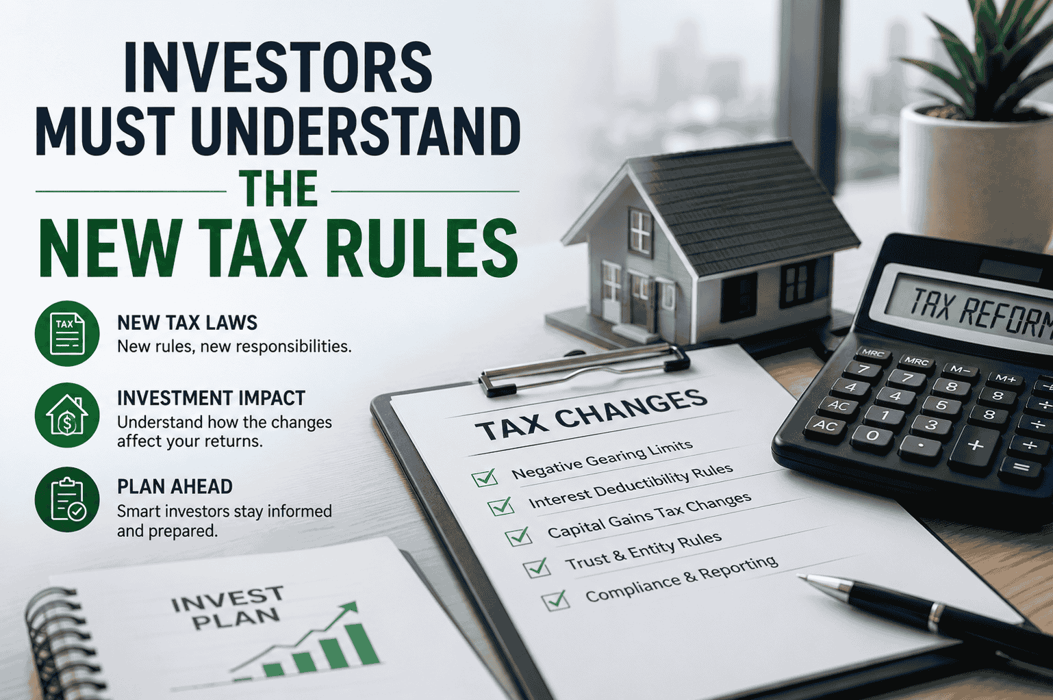 Property investors reviewing new tax rules including negative gearing and capital gains tax changes introduced in the federal budget 2026 Property investors reviewing new tax rules including negative gearing and capital gains tax changes introduced in the federal budget 2026