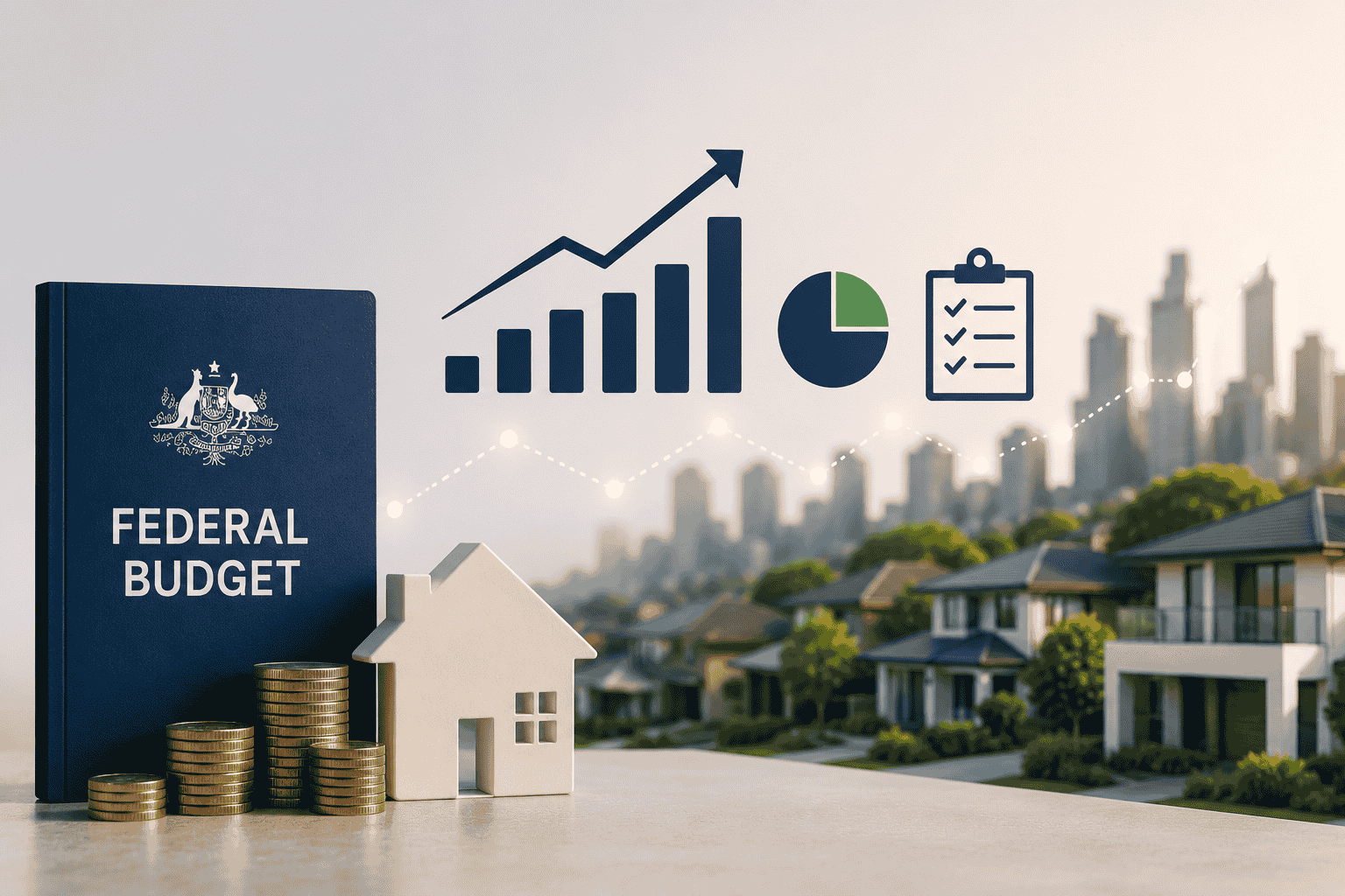 Australian Federal Budget document beside a house model and growth chart illustrating the federal budget's impact on Wollongong property investment markets