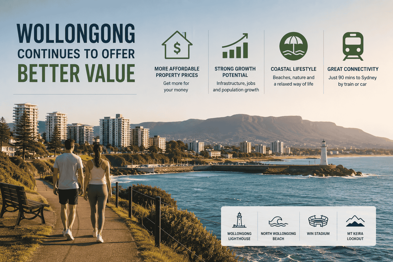 Couple walking along the Wollongong foreshore as the city continues to offer better value, coastal lifestyle and strong growth potential for property investment