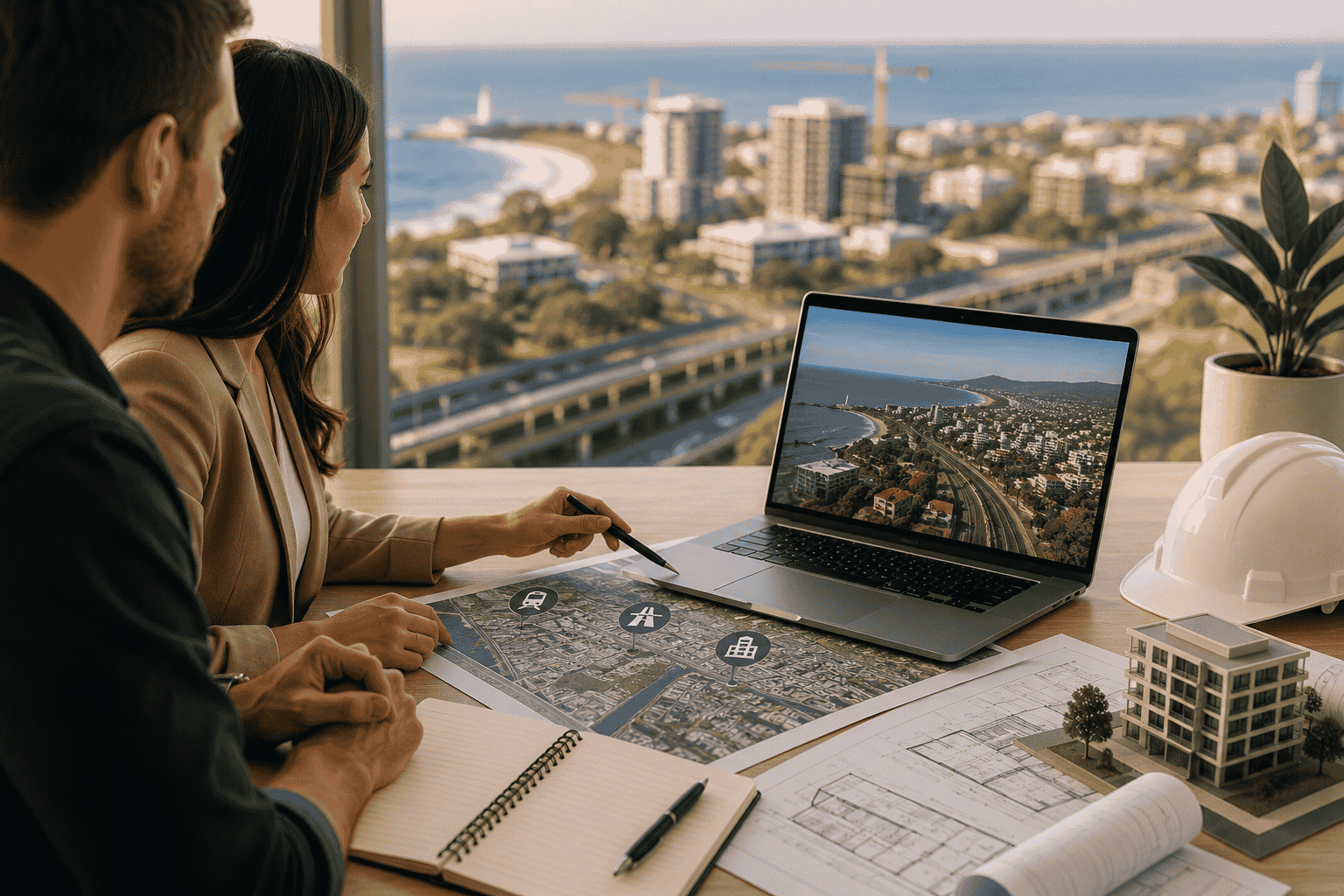 Buyers agent reviewing infrastructure maps and development plans showing how infrastructure investment is supporting long-term Wollongong property investment growth