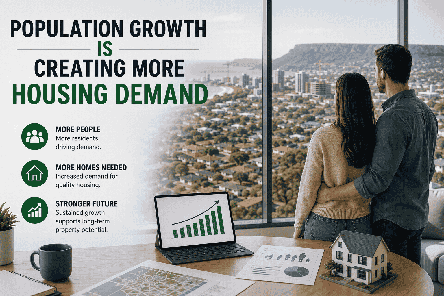 Couple overlooking Wollongong suburbs as population growth creates more housing demand and strengthens the case for Wollongong property investment