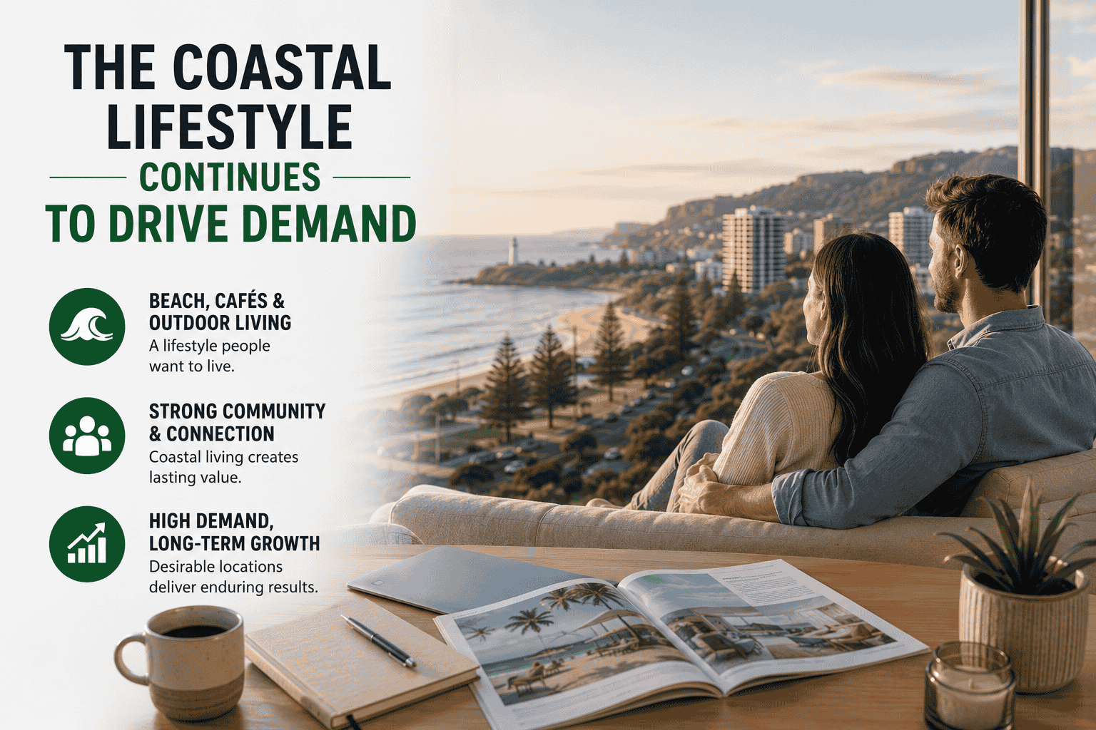 Couple enjoying the Wollongong coastal lifestyle from their home as beachside living continues to drive demand for Wollongong property investment