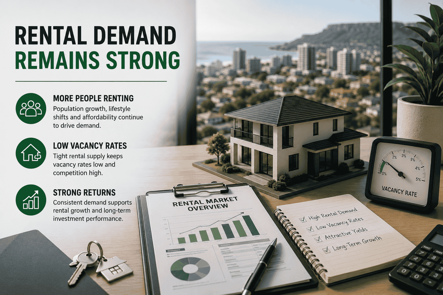 Rental market overview documents and vacancy rate gauge showing strong rental demand supporting Wollongong property investment returns