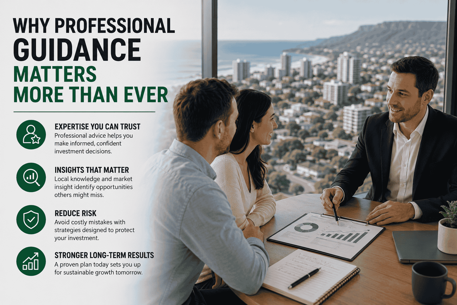 Buyers agent providing professional guidance to a couple on their Wollongong property investment strategy with the Illawarra coastline visible behind them