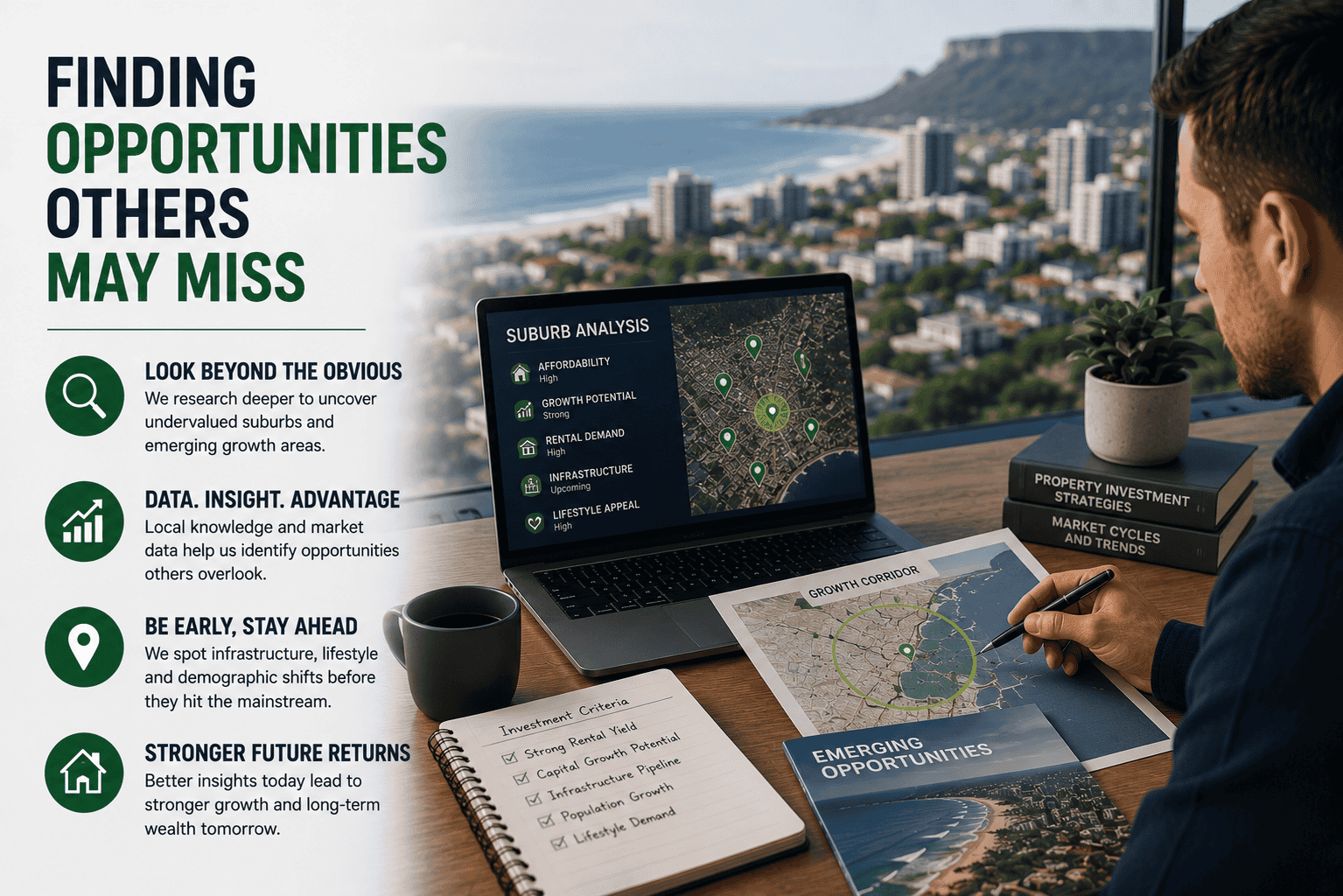 Buyers agent researching Wollongong property investment opportunities using suburb analysis data and growth corridor maps to find opportunities others may miss