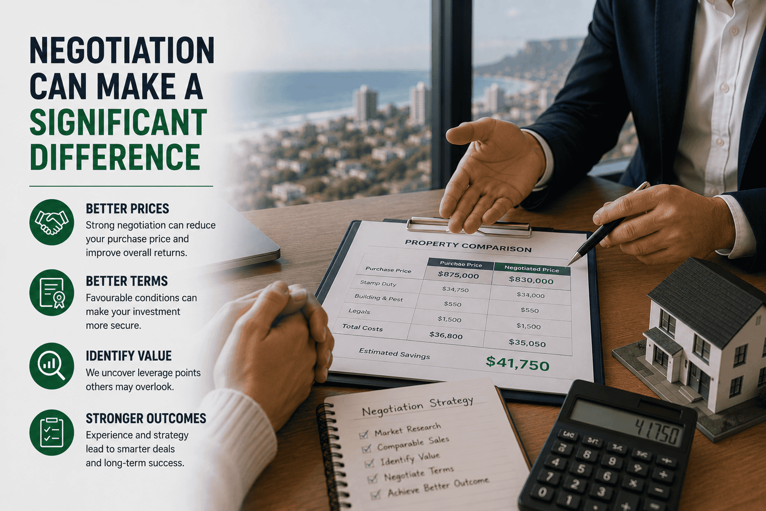 Wollongong property investment buyers agent presenting a property comparison showing how expert negotiation can make a significant difference to purchase price