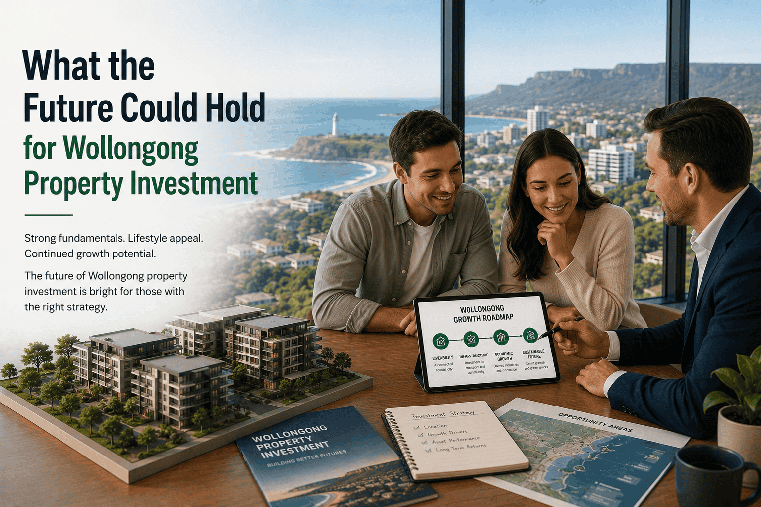 Couple reviewing Wollongong property investment growth roadmap with a buyers agent, exploring what the future could hold for the Illawarra market