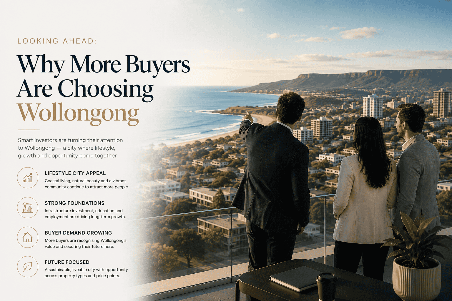 Buyers agent pointing out Wollongong's coastal suburbs to clients looking ahead at why more buyers are choosing Wollongong property investment