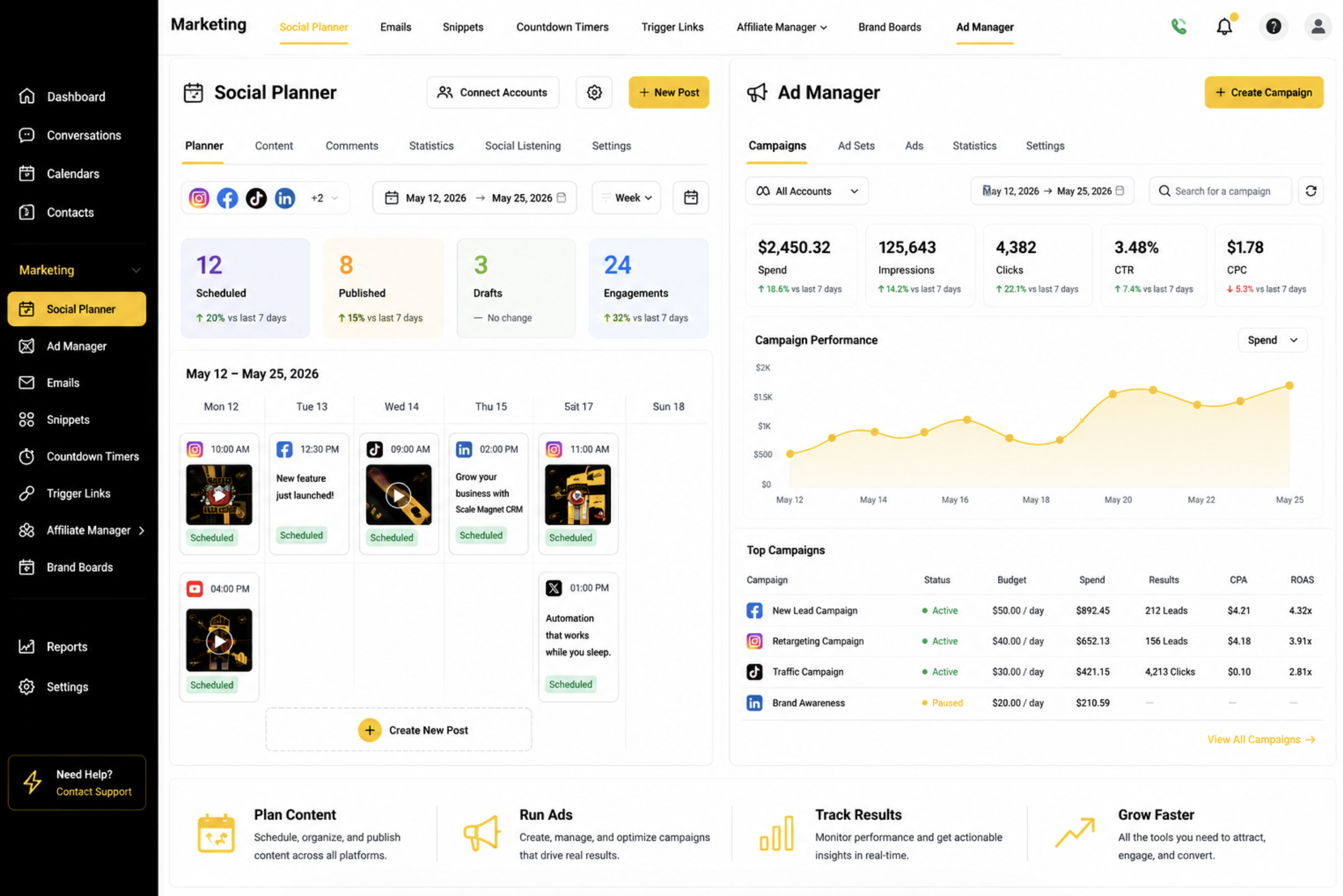 Social media planner and ad management dashboard preview