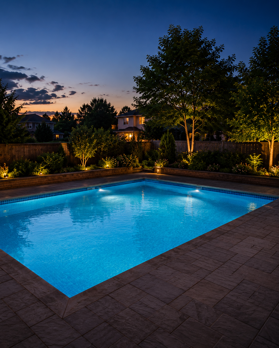 Piscine creusée illuminée au crépuscule. Combo saison Piscines Boileau