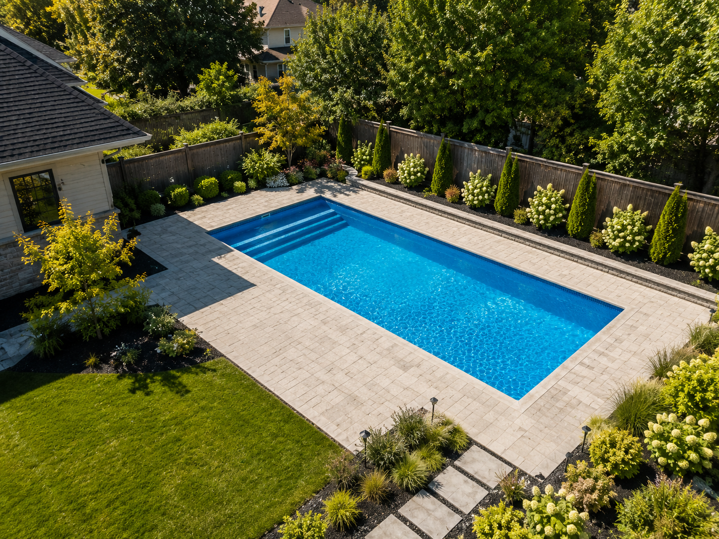 Vue aérienne d'un projet de piscine sur mesure par Piscines Boileau