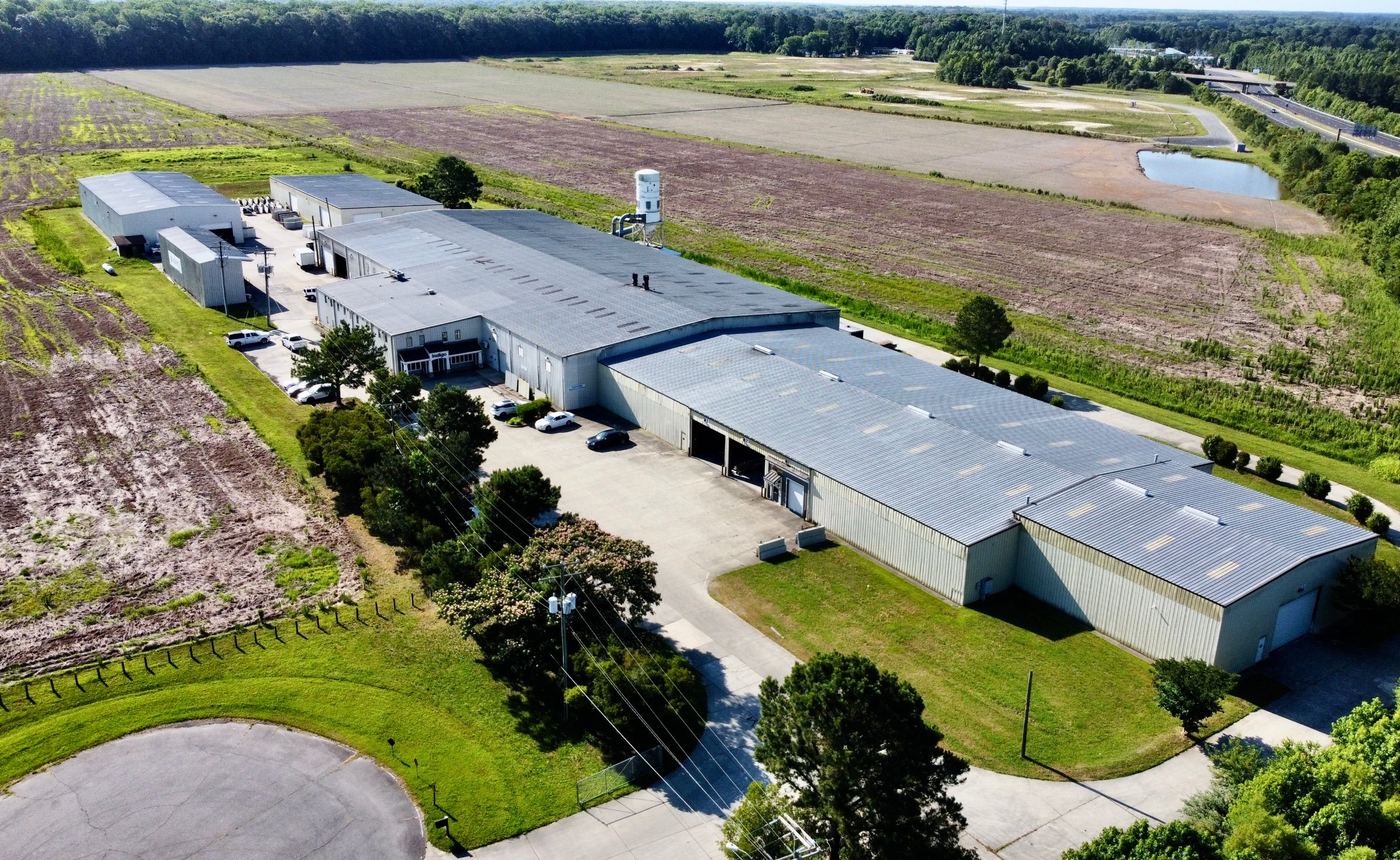 Aerial view of the industrial buildings at 132 Woodworkers Court