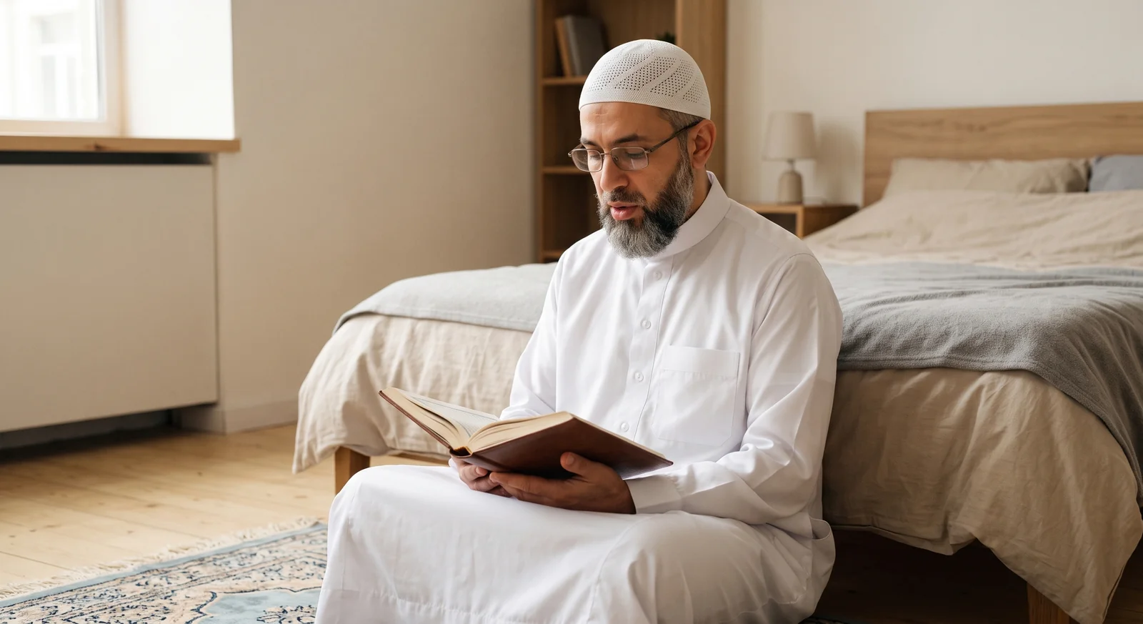 A Raqi seated on a prayer mat reciting from the Qur'an in a quiet room