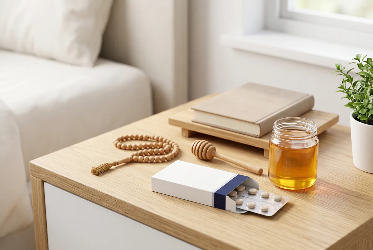 Prescribed medicine, a jar of honey, a tasbih and a Qur'an on a bedside table, medicine and dua side by side Prescribed medicine, a jar of honey, a tasbih and a Qur'an on a bedside table, medicine and dua side by side