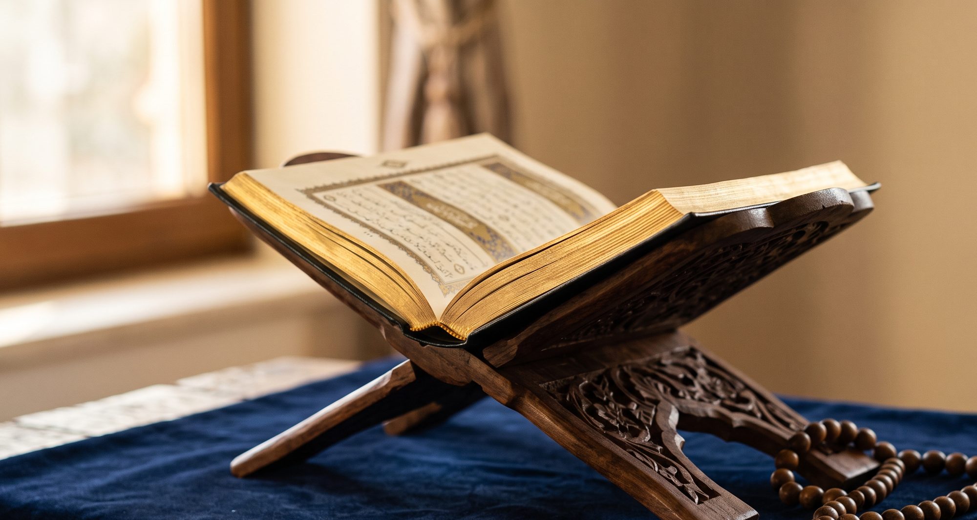 Open Qur'an on a wooden stand in warm golden light, representing authentic protection through recitation rather than amulets