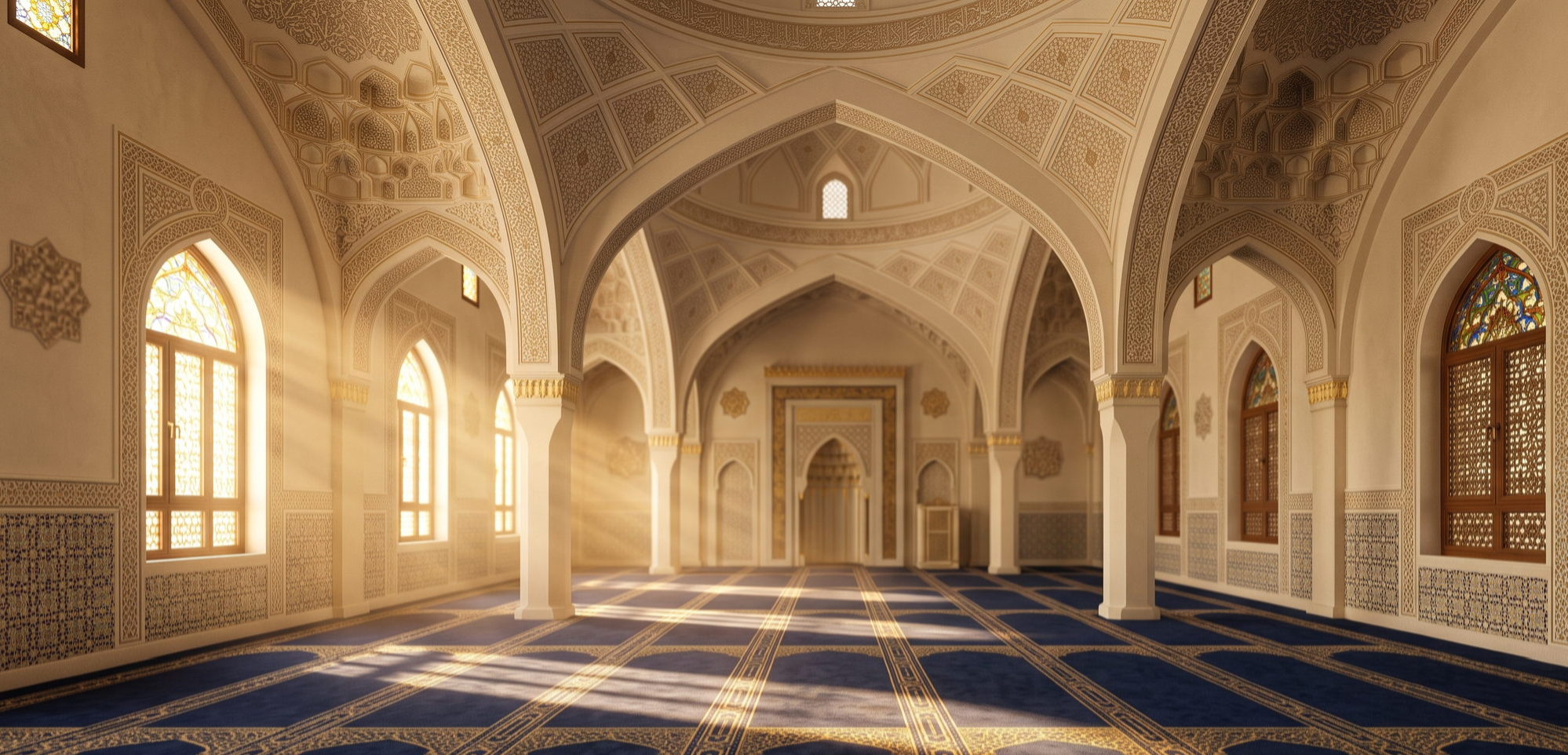 Interior of a quiet mosque with golden light through arched windows, evoking Qur'anic recitation and refuge