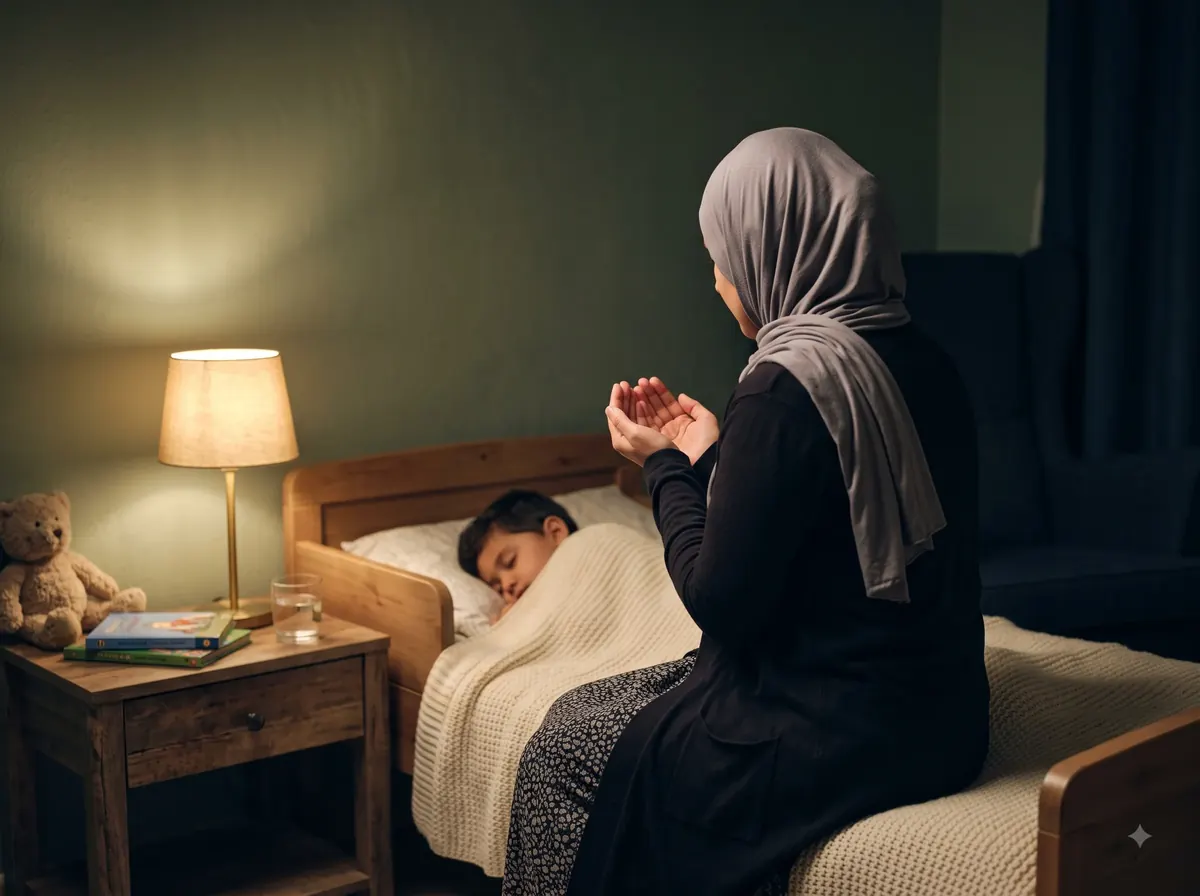 Muslim mother making dua over her sleeping child at bedtime Muslim mother making dua over her sleeping child at bedtime