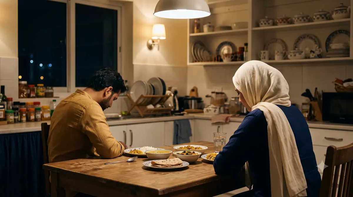 A husband and wife sitting at the kitchen table in silence, representing tension at home that starts over nothing A husband and wife sitting at the kitchen table in silence, representing tension at home that starts over nothing