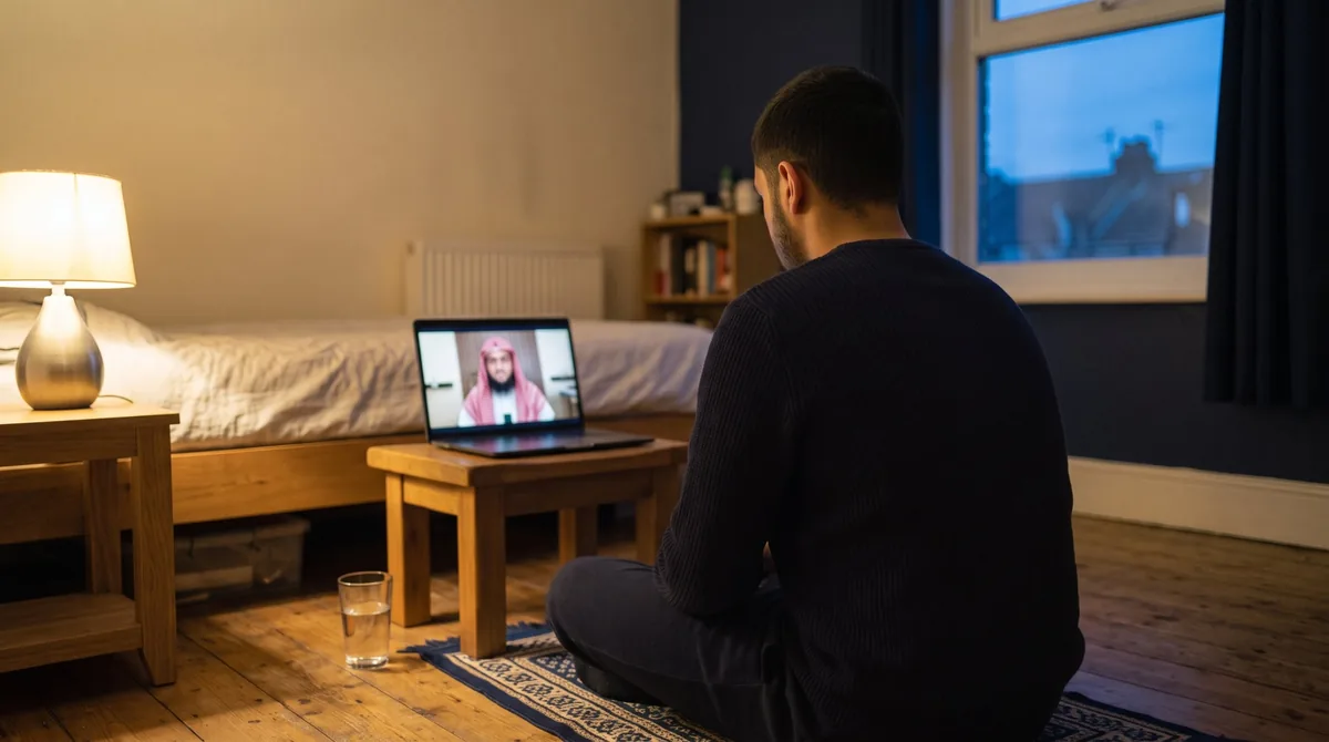 A brother at home on his prayer mat joining an online ruqyah session with Shaykh Mohammed on his laptop A brother at home on his prayer mat joining an online ruqyah session with Shaykh Mohammed on his laptop
