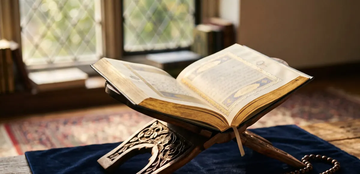 Open hands raised in dua beside a child's bed at night, palms upward under a soft lamp, illustrating the Prophetic dua for protection from the evil eye An open Qur'an on a wooden stand with prayer beads