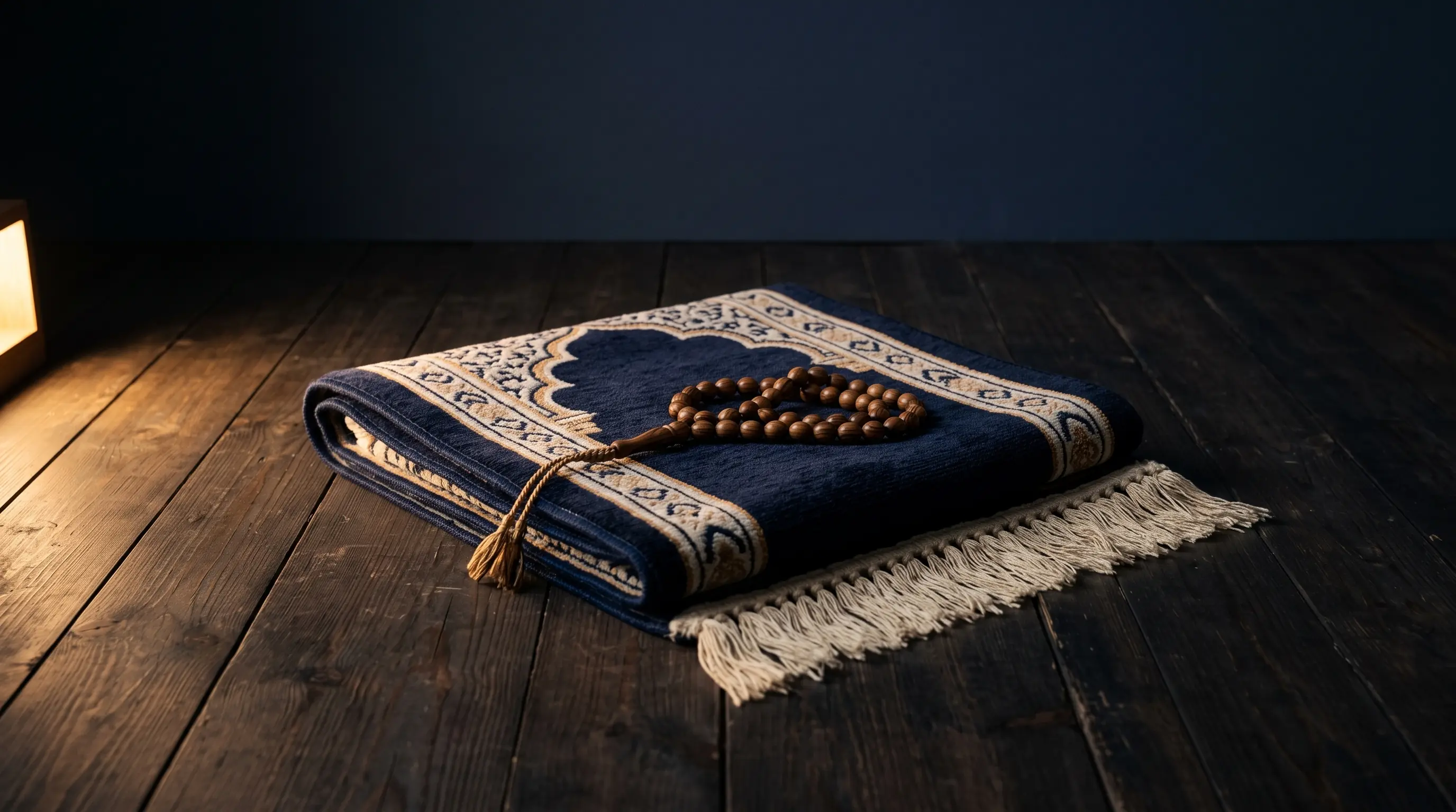 A folded prayer mat and prayer beads in a dark, quiet room before sleep