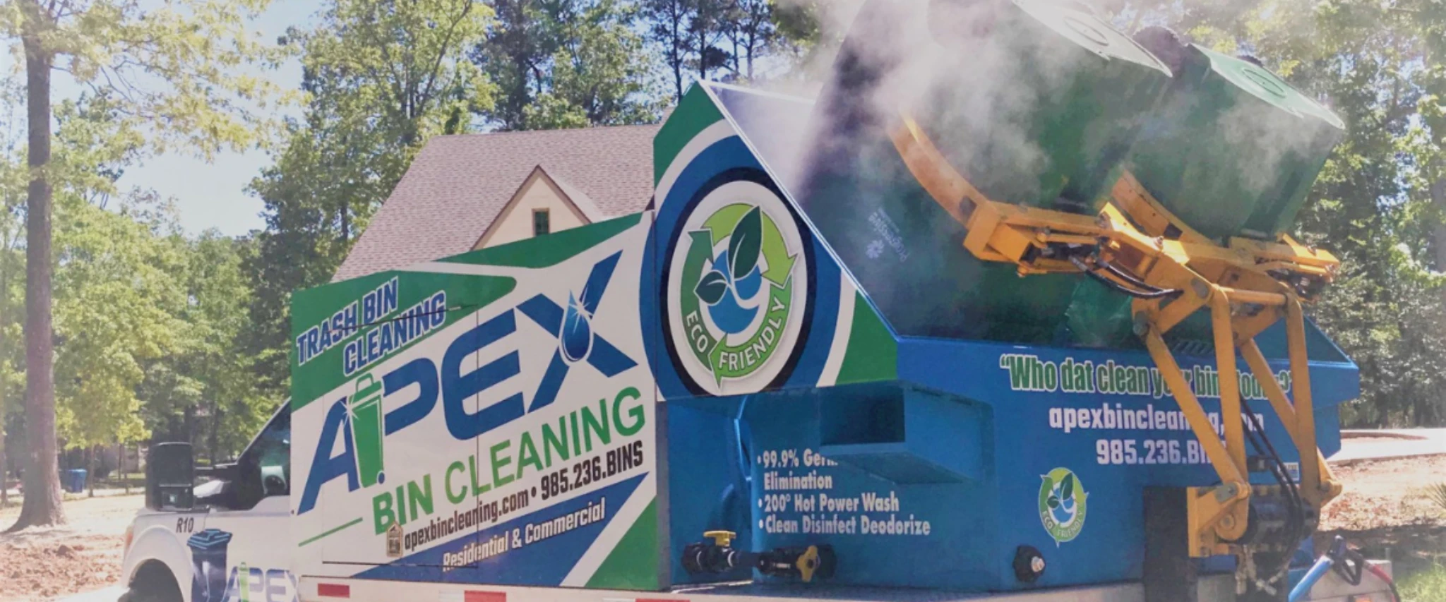 Apex Bin Cleaning service truck performing eco-friendly trash bin sanitizing with high-heat washing. Apex Bin Cleaning service truck performing eco-friendly trash bin sanitizing with high-heat washing.