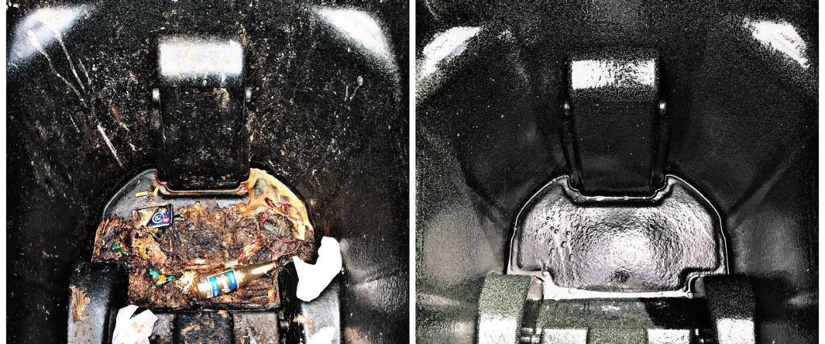 A split image showing the inside of a green garbage cart with a dirty liner on the left and a clean liner on the right.