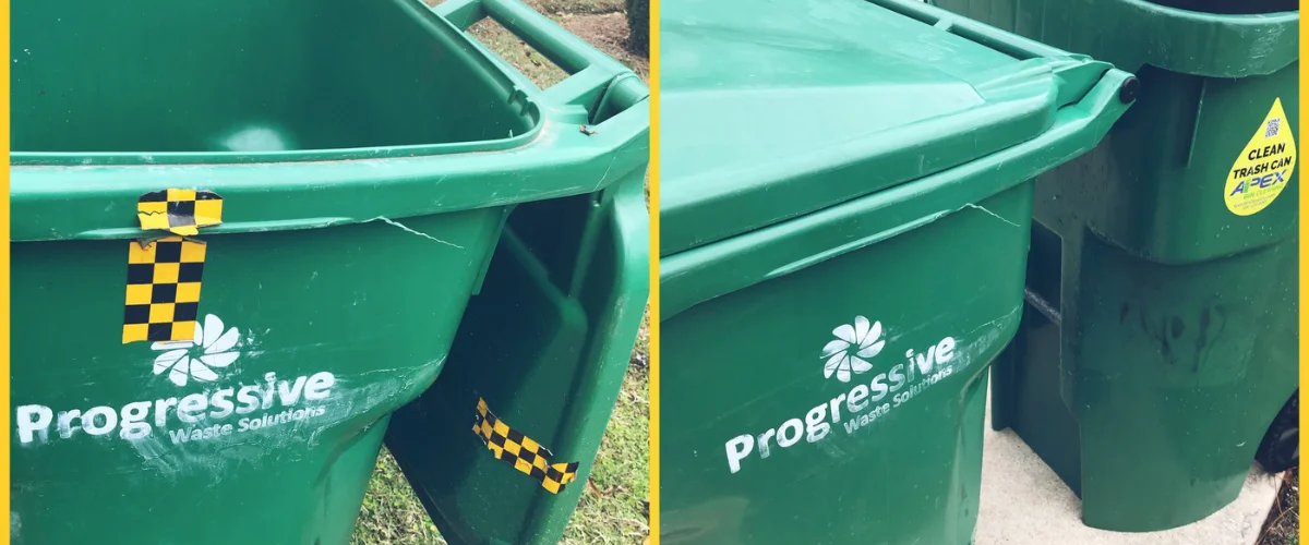 Two dark green garbage cans, one with a 'Progressive Waste Solutions' logo and the other with an 'Apex Clean Trash Can' sticker.